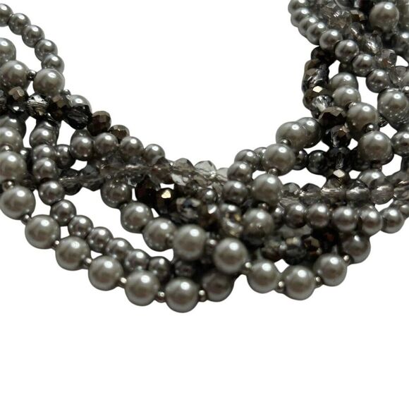 Loft Multi-Strand Gunmetal Tone Necklace Simulated Pearls Rhinestones - Picture 5 of 13